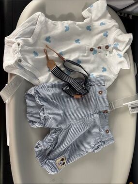 Baby Disney Blue Stripe Shorts and White Mickey Bodysuit Set with suspenders